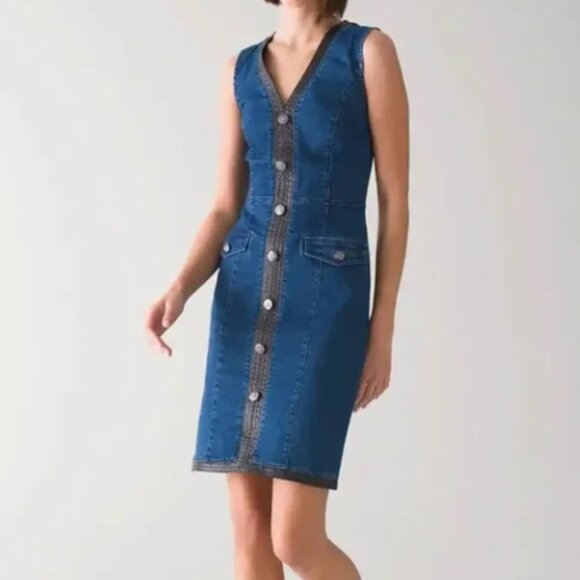 WHBM Sleeveless Denim Button Dress w/Faux Leather Trim Women's Size 10 NWT - Picture 2 of 5
